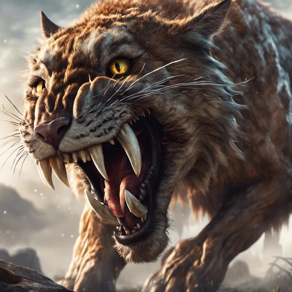 Saber-Toothed Cat Roaring: Detailed Fantasy Art