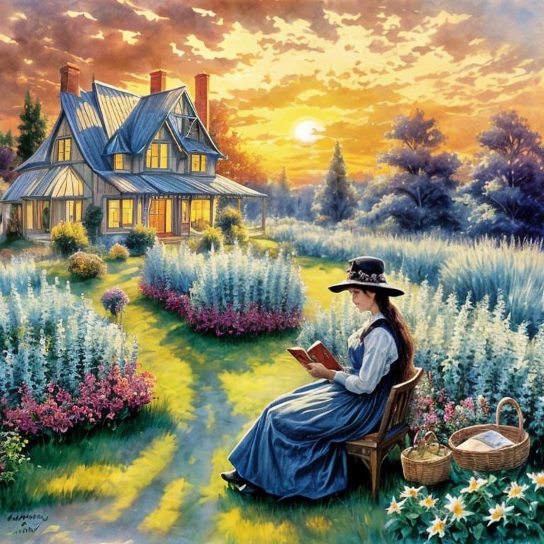 Victorian Woman Reading Under Sunset, Watercolor Style