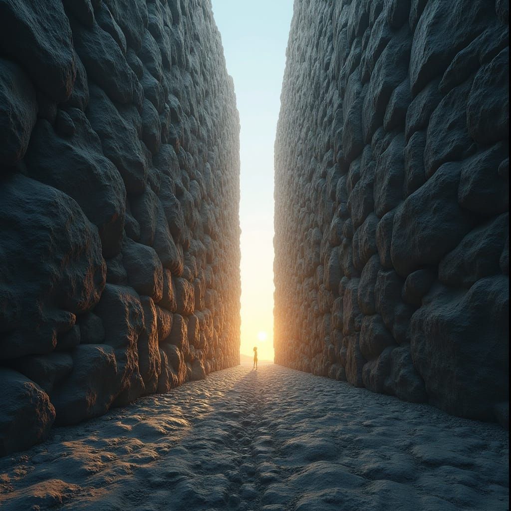 Solid Stone Wall Separating Two Fields, Illuminated from One...