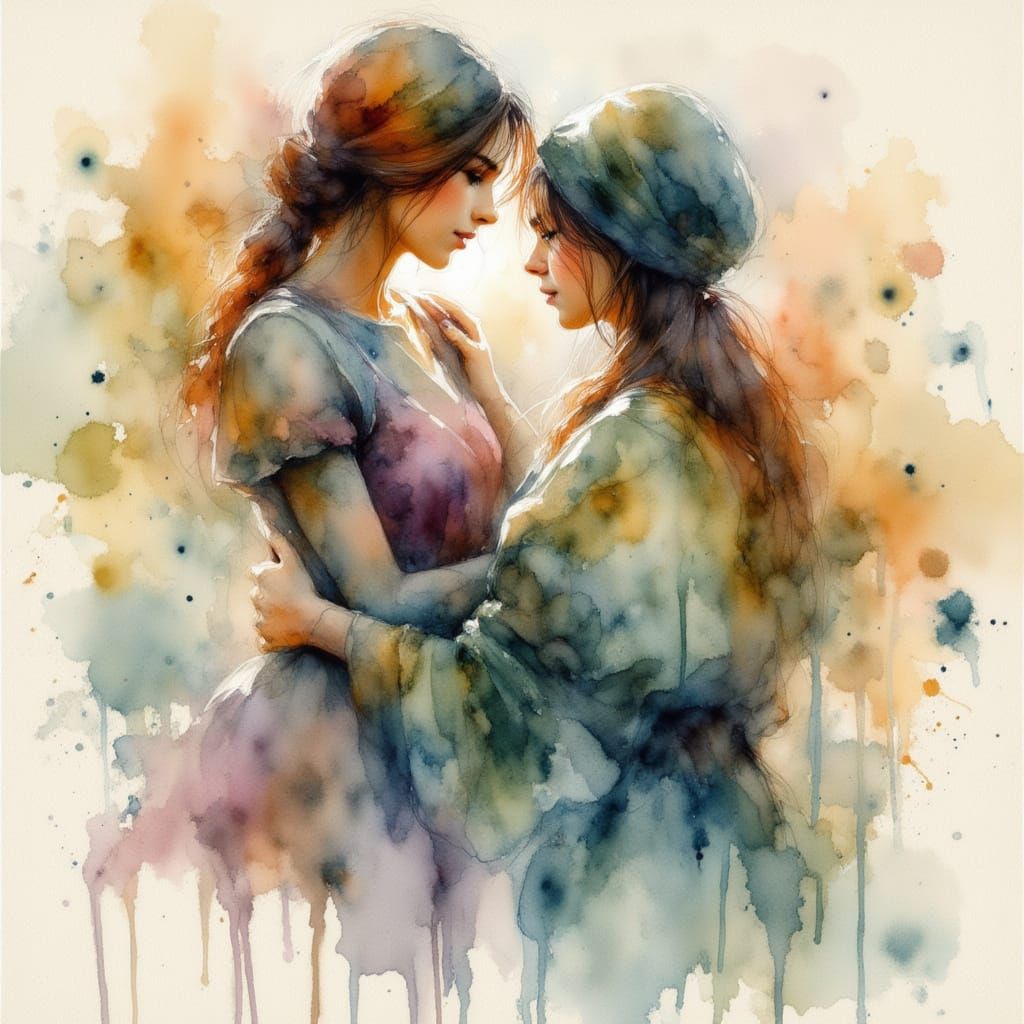 Two Women Embracing in Empathetic Watercolor