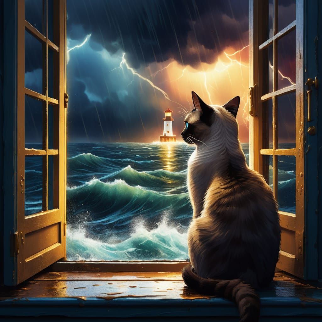 Siamese Cat Amidst Turbulent Stormy Seas in a Lighthouse