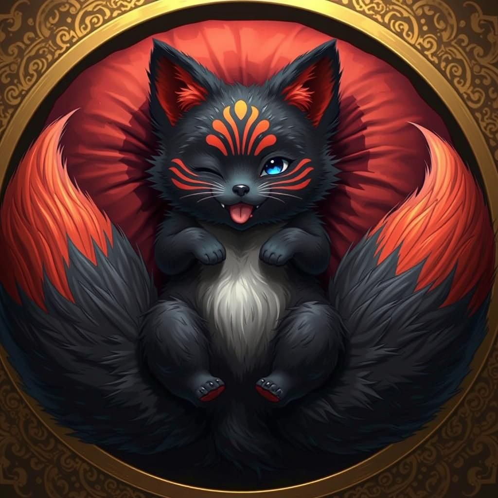 Two-Tailed Kitsune Lounging on Velvet Pillow