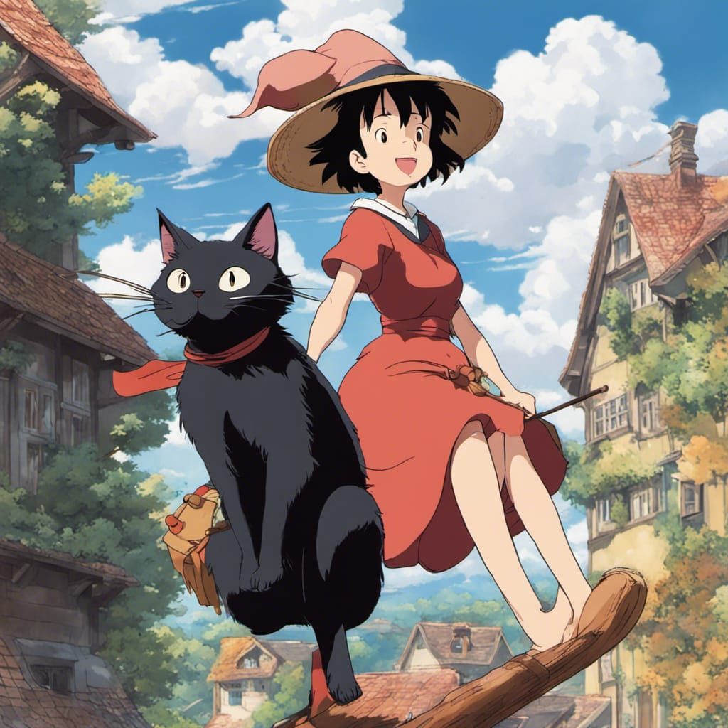 Kiki's Delivery Service: Witch and Cat in Anime Style