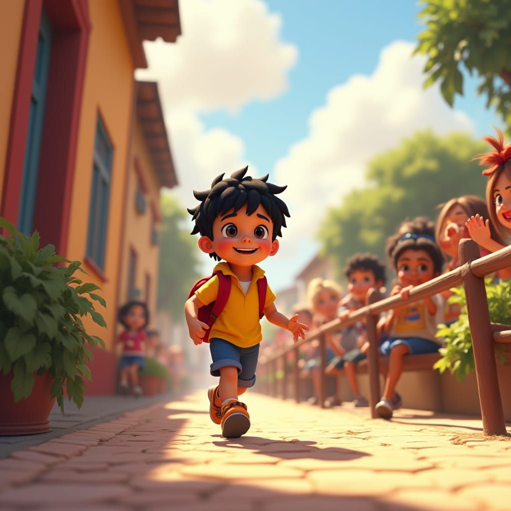 Joyful Boy Running to School in Vibrant Colors, Inspired by ...