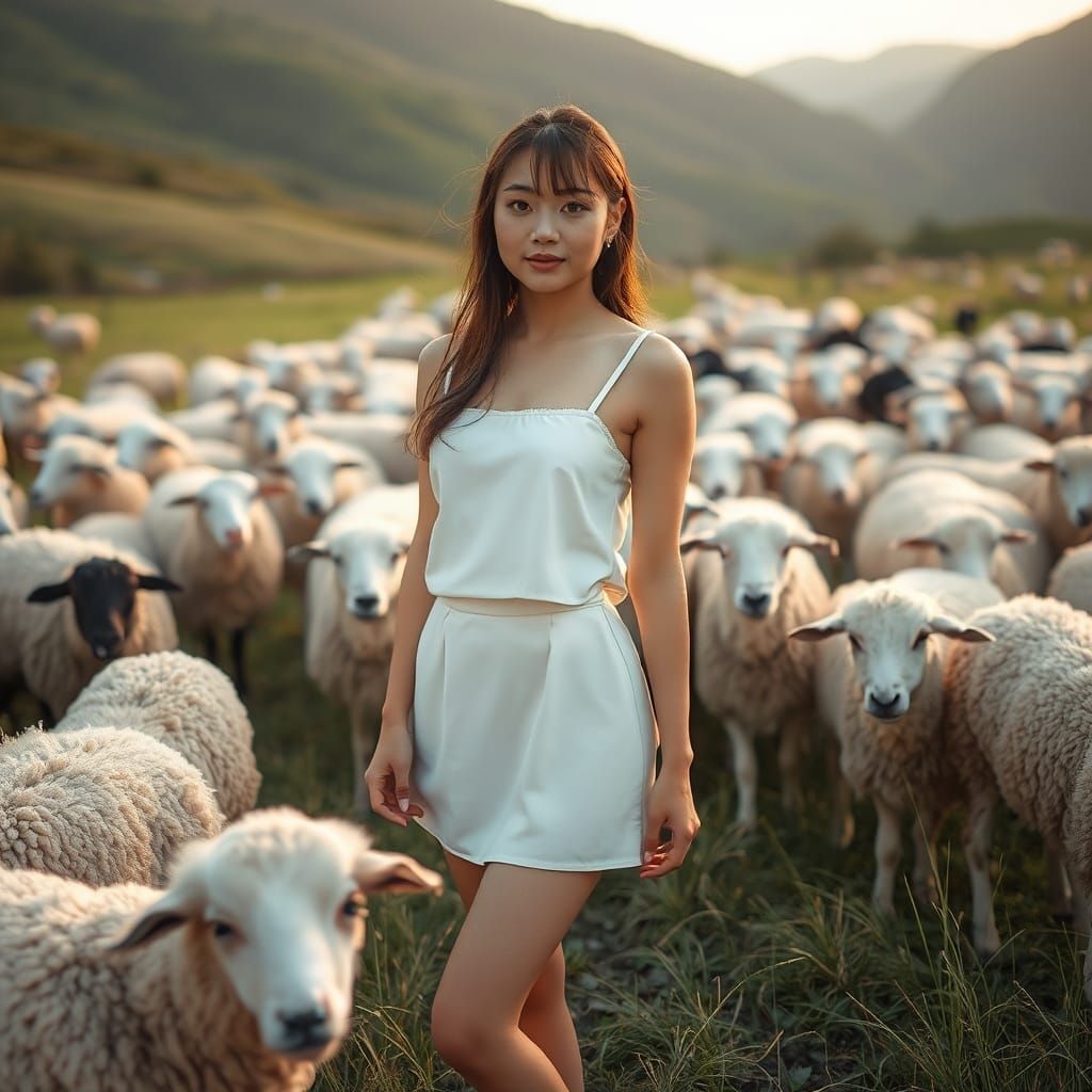Japanese Girl with Sheep in Valley, Soft Photography