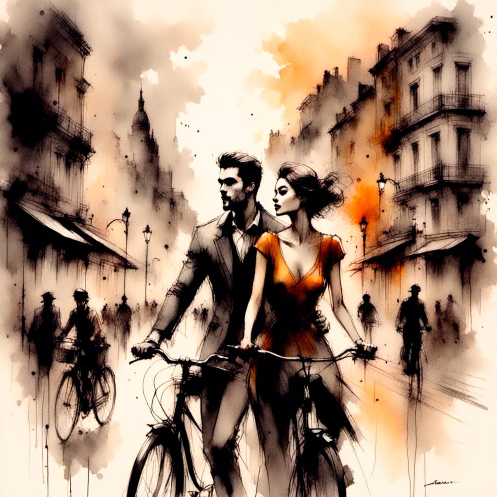 Couple on Bicycle in Comic Book Style
