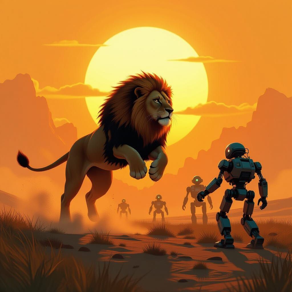Lion Charging Robots Under Golden Sun: Sci-Fi Art