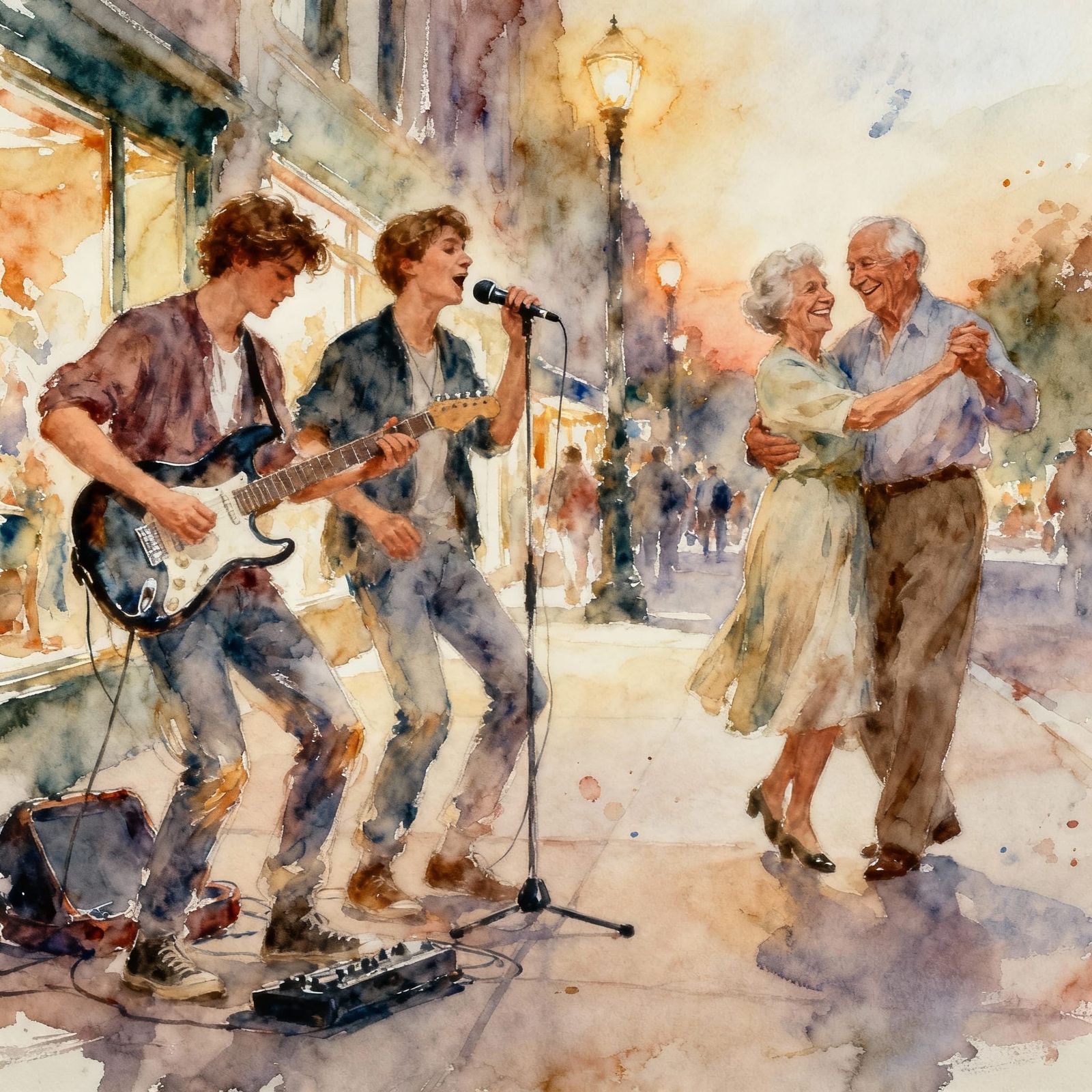 Watercolor Street Musicians and Dancing Couple in City
