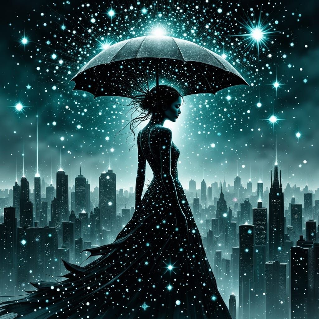 Mystical City Goddess Illuminates the Night Sky in Dark Fant...