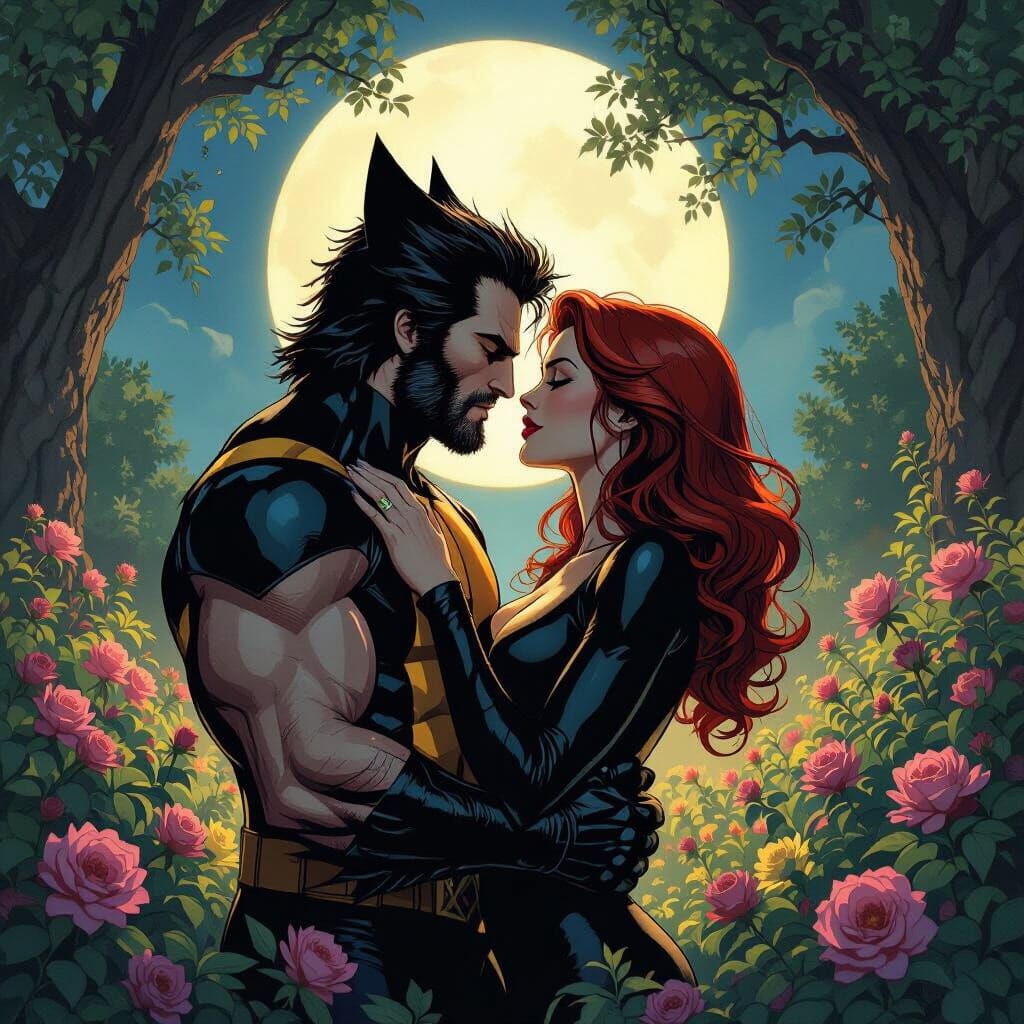 Wolverine and Jean Grey's Moonlit Embrace