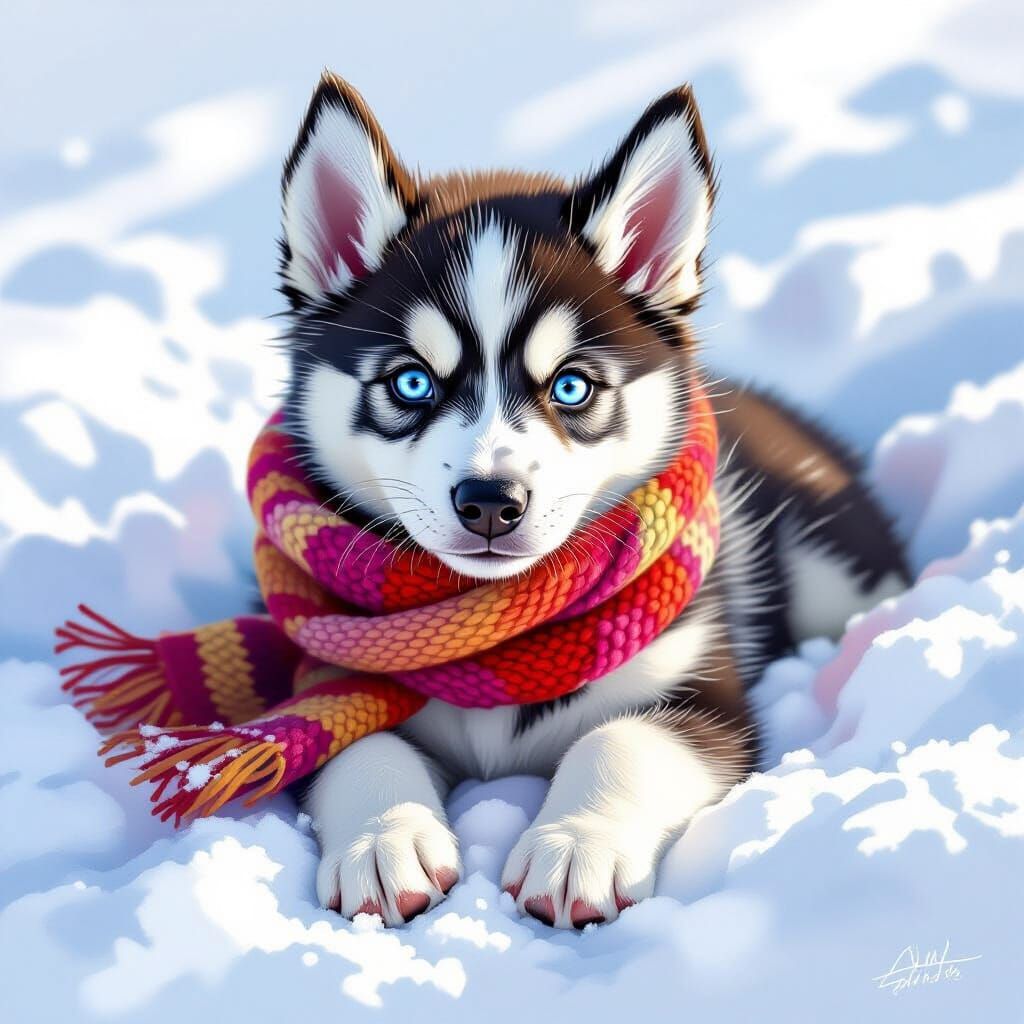 Heterochromatic Husky Pup in Snow, Whimsical Art