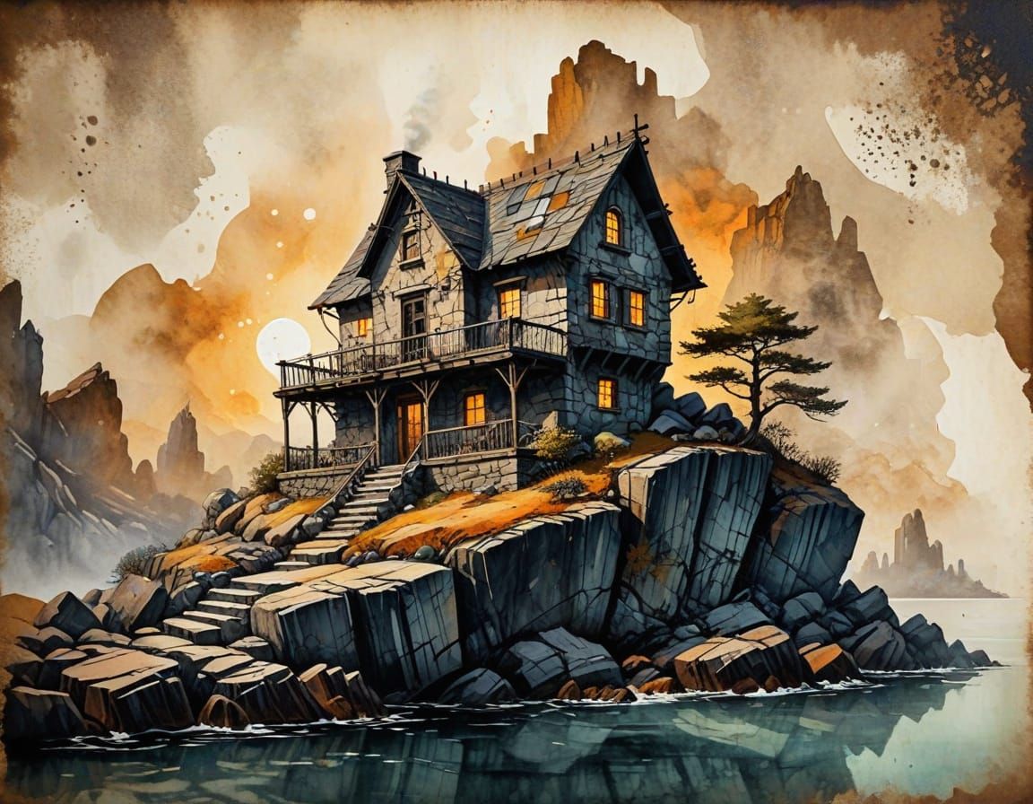Weathered Stone Cabin in Steampunk Island Oasis