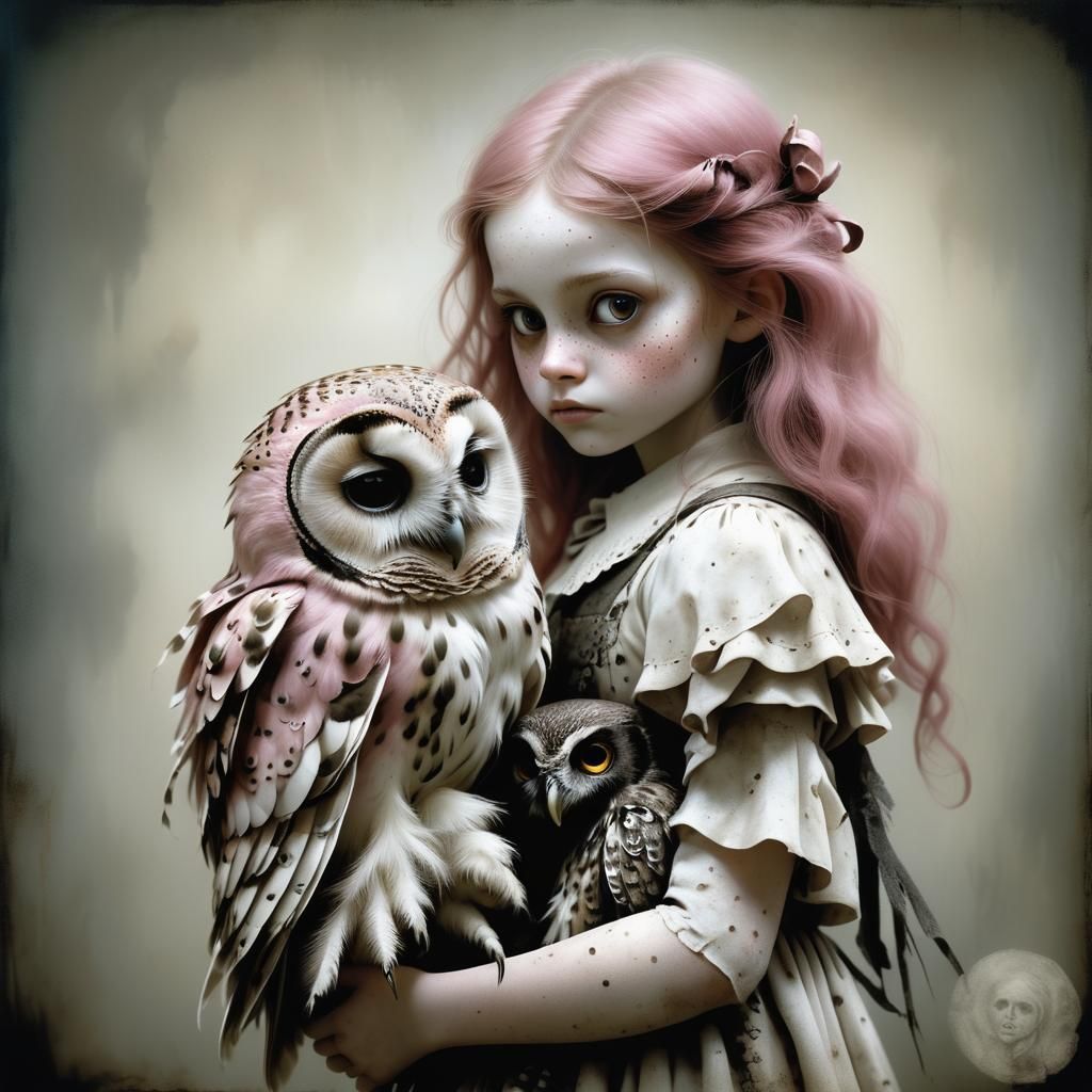 Young Girl with Owl in Surreal Style