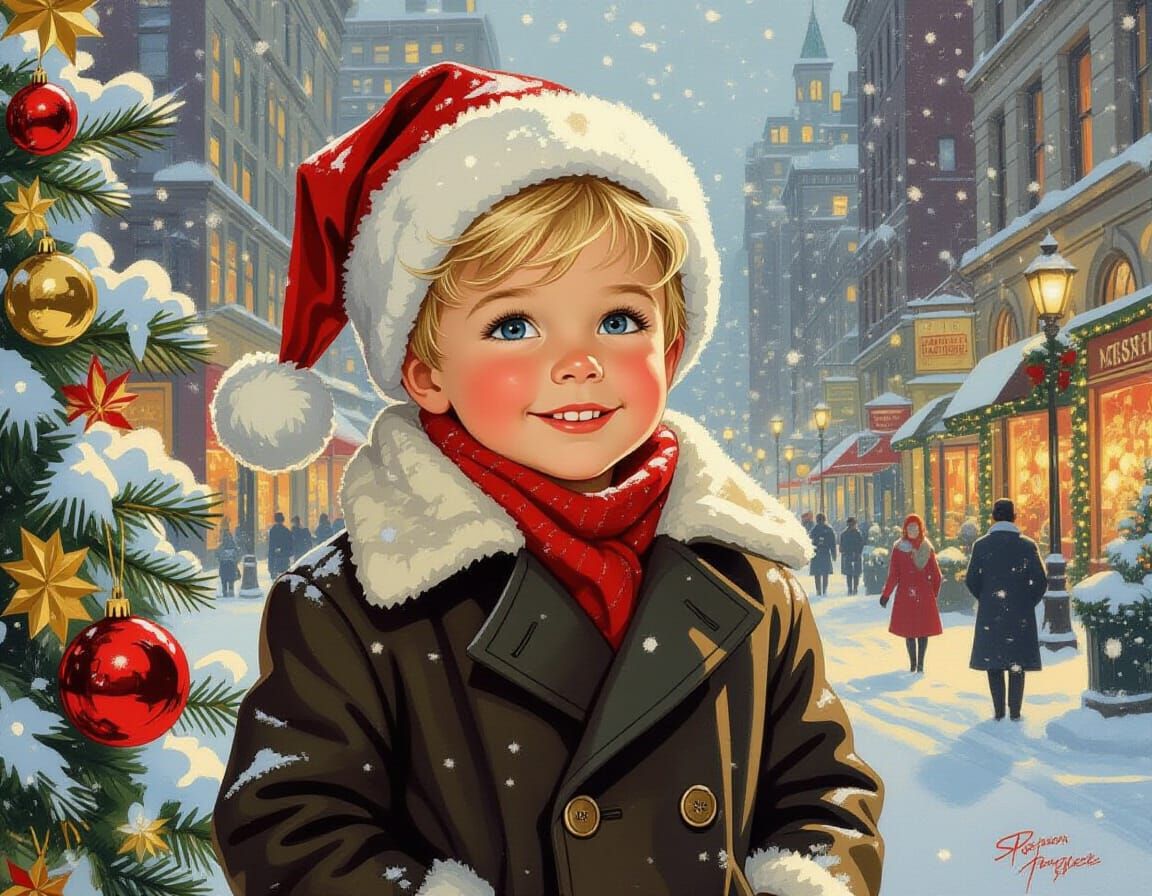 Christmas Celebration in Snowy New York, Vintage Illustratio...