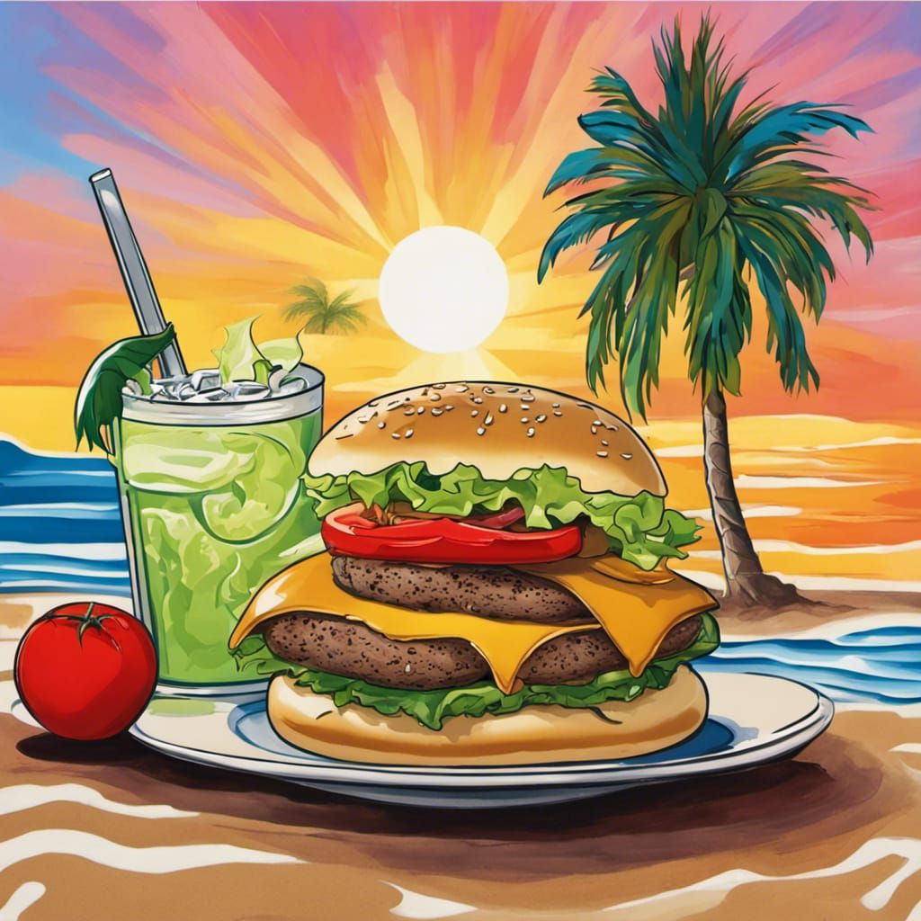 Cheeseburger and Margarita on a Tropical Beach