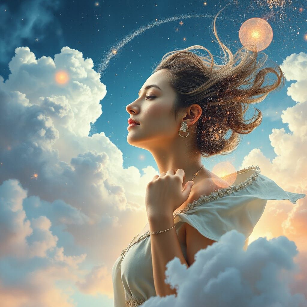 Serene Woman in Surreal Dreamscape with Ethereal Art Style