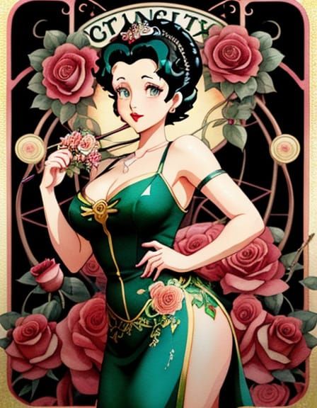 Betty Boop as Enchanting Art Nouveau Siren in Vibrant Waterc...
