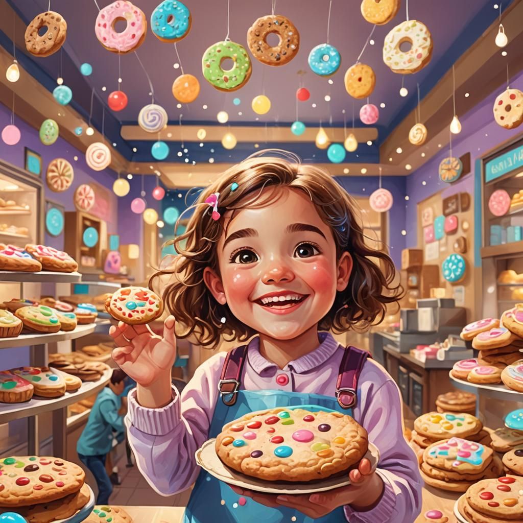 Child with Giant Cookie in Dreamy Bakery Illustration