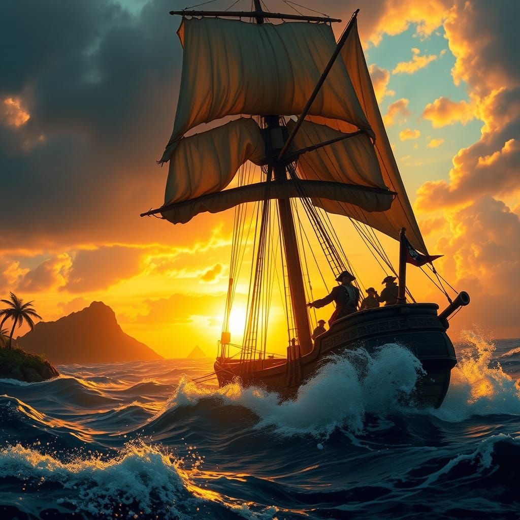 Pirates Sail into a Golden Caribbean Sunset