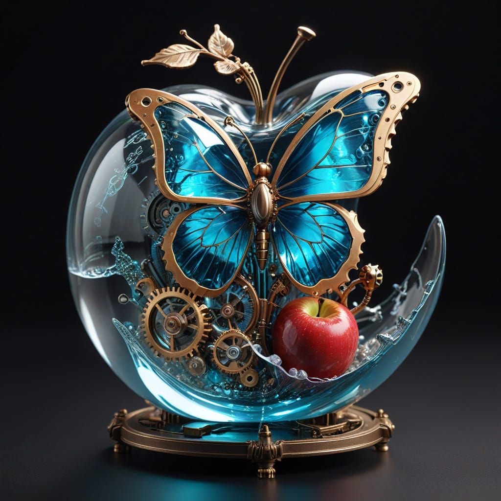 Steampunk Apple in Crystal Glass with Flowing Water