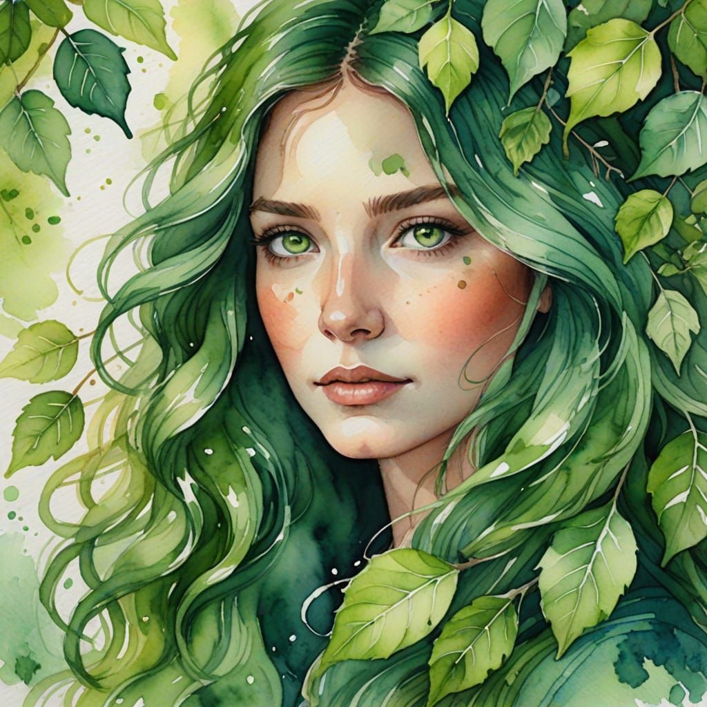 Mother Earth Portrait in Watercolor with Flowing Green Hair