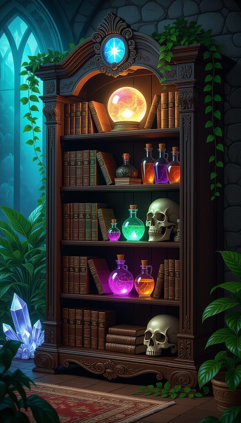 Enchanted Bookshelf With Spell Books and Crystal Ball