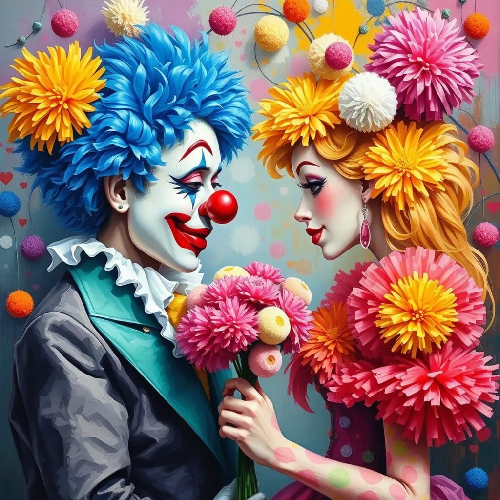 Clown's Pom-Pom Love Confession: Expressionist Cyberpunk Art