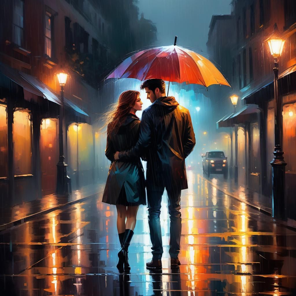 Romantic Digital Painting of Teens Under the Umbrella