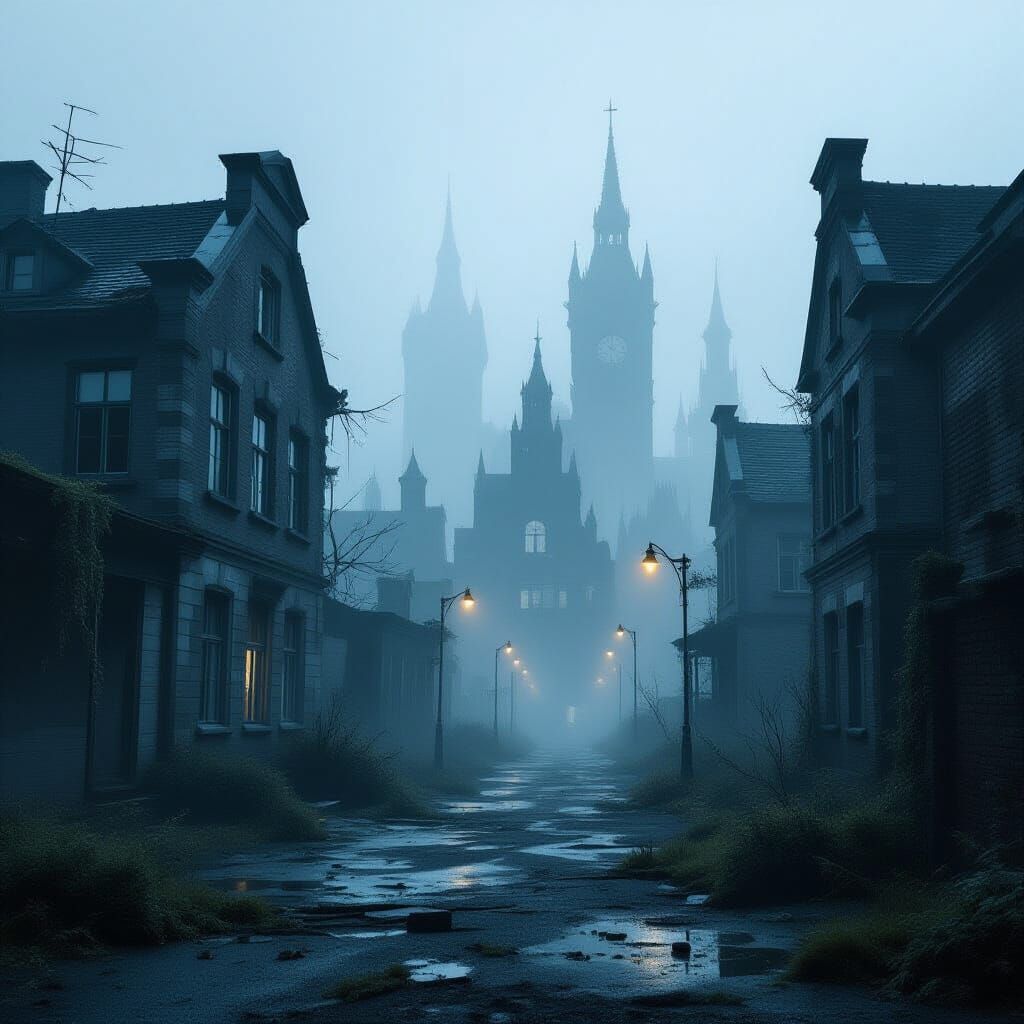 Eerie Abandoned Cityscape in Dense Fog