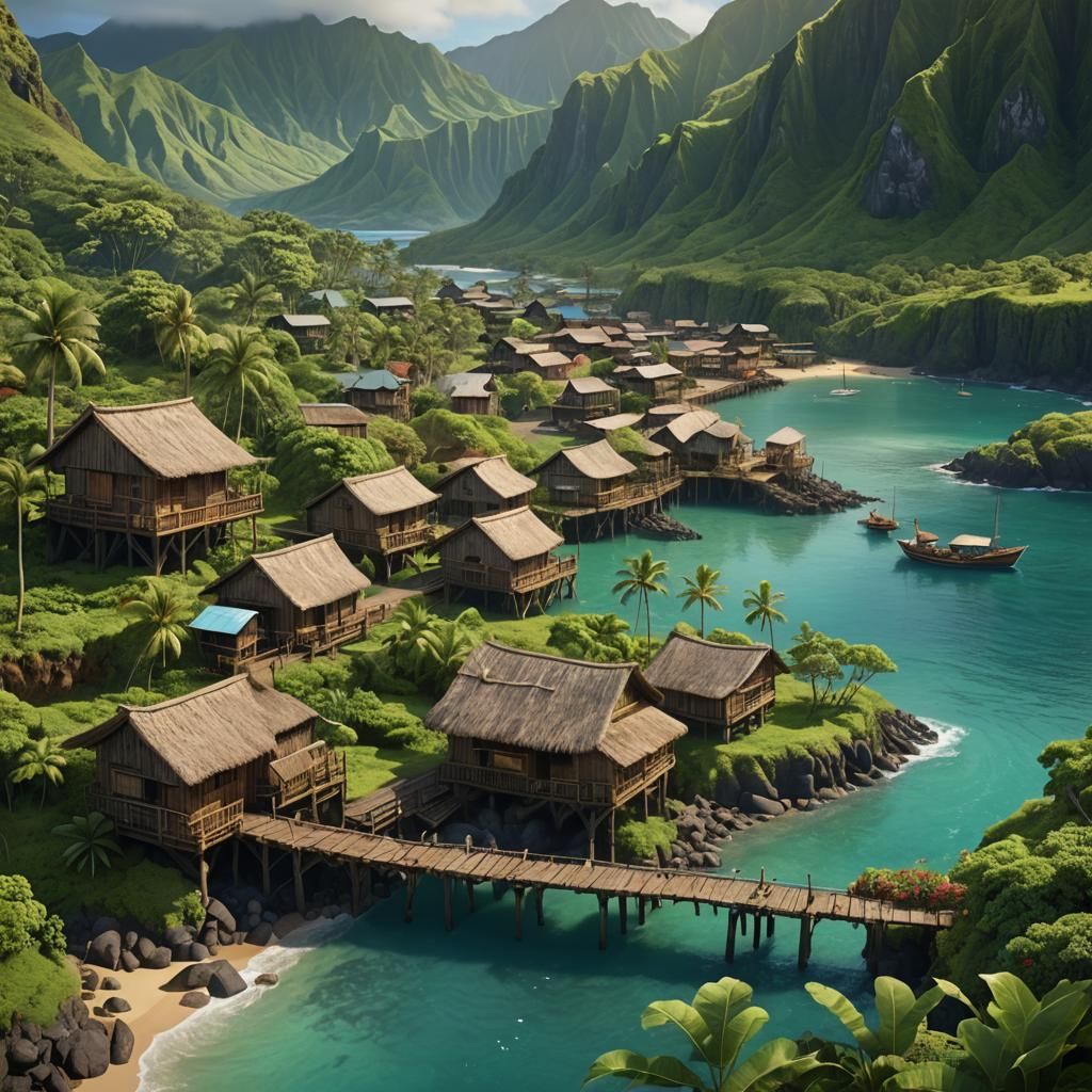 Detailed Hawaiian Town with Green Mountains in Fantasy Art