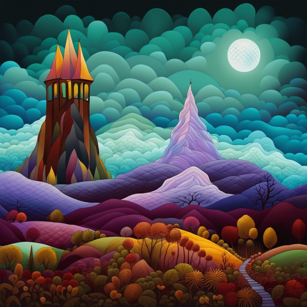 Quilted Fantasy Landscape with Witch in Fabric Craft Style