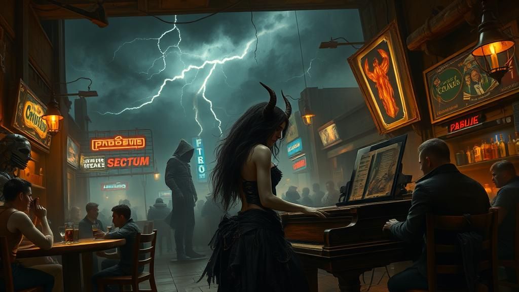 Fantasy Succubus in Dystopian Cyberpunk Tavern