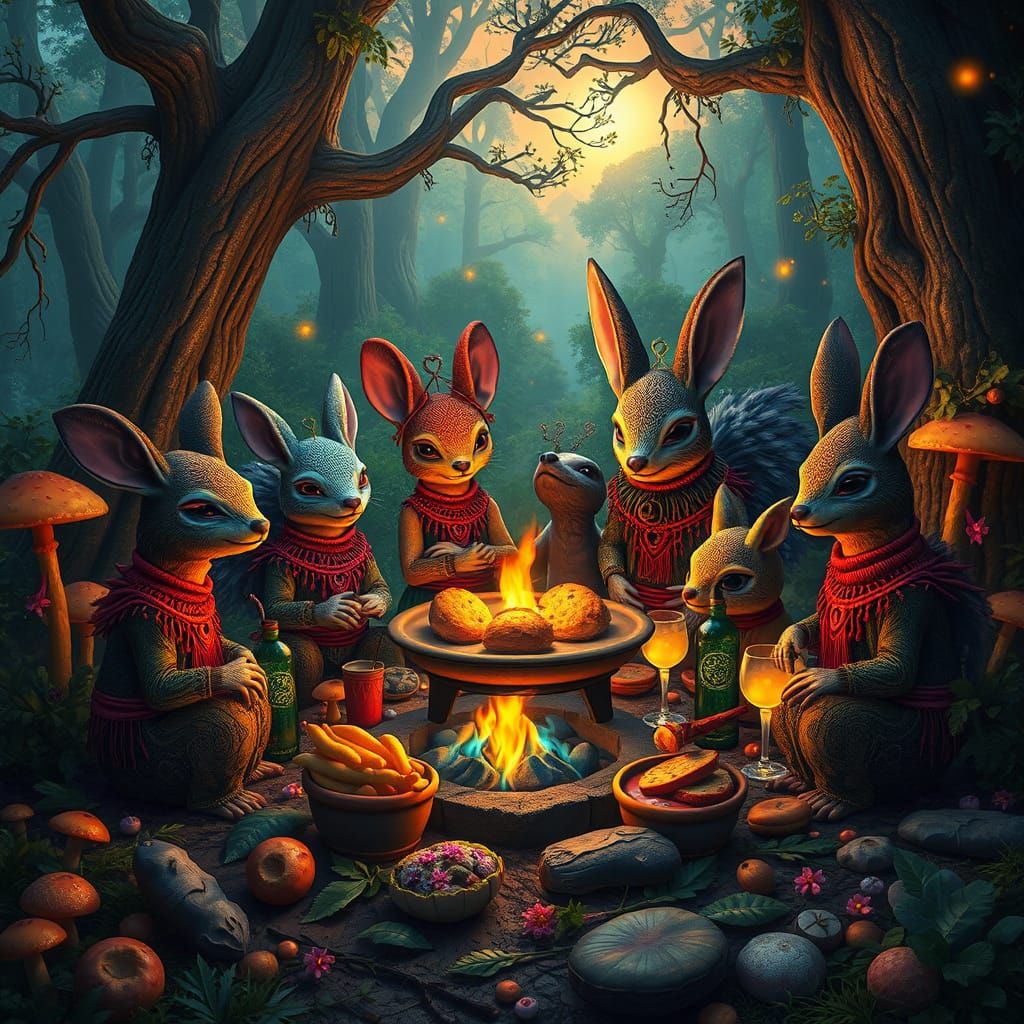 Whimsical Creatures Gather at a Dreamlike BBQ Feast