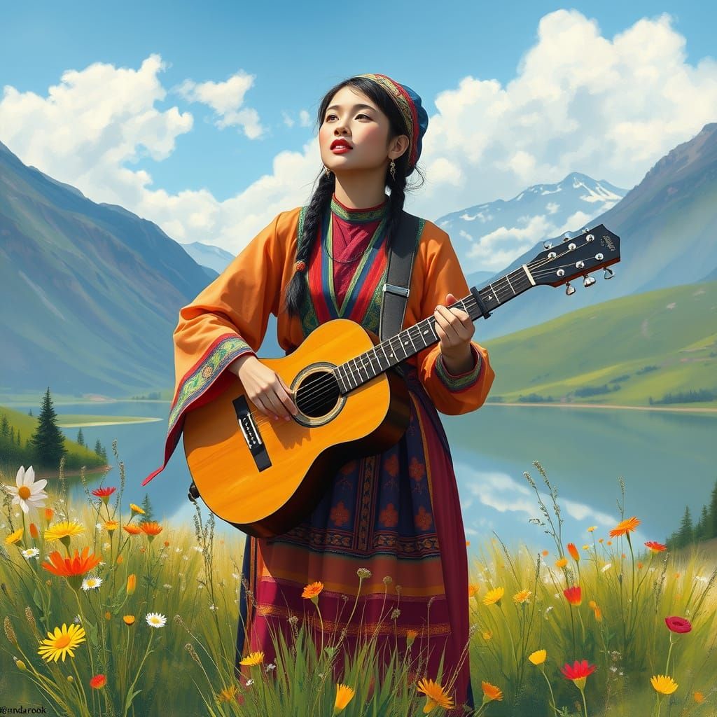 Mongolian Woman Singing in Mountain Meadow, James Jean Style