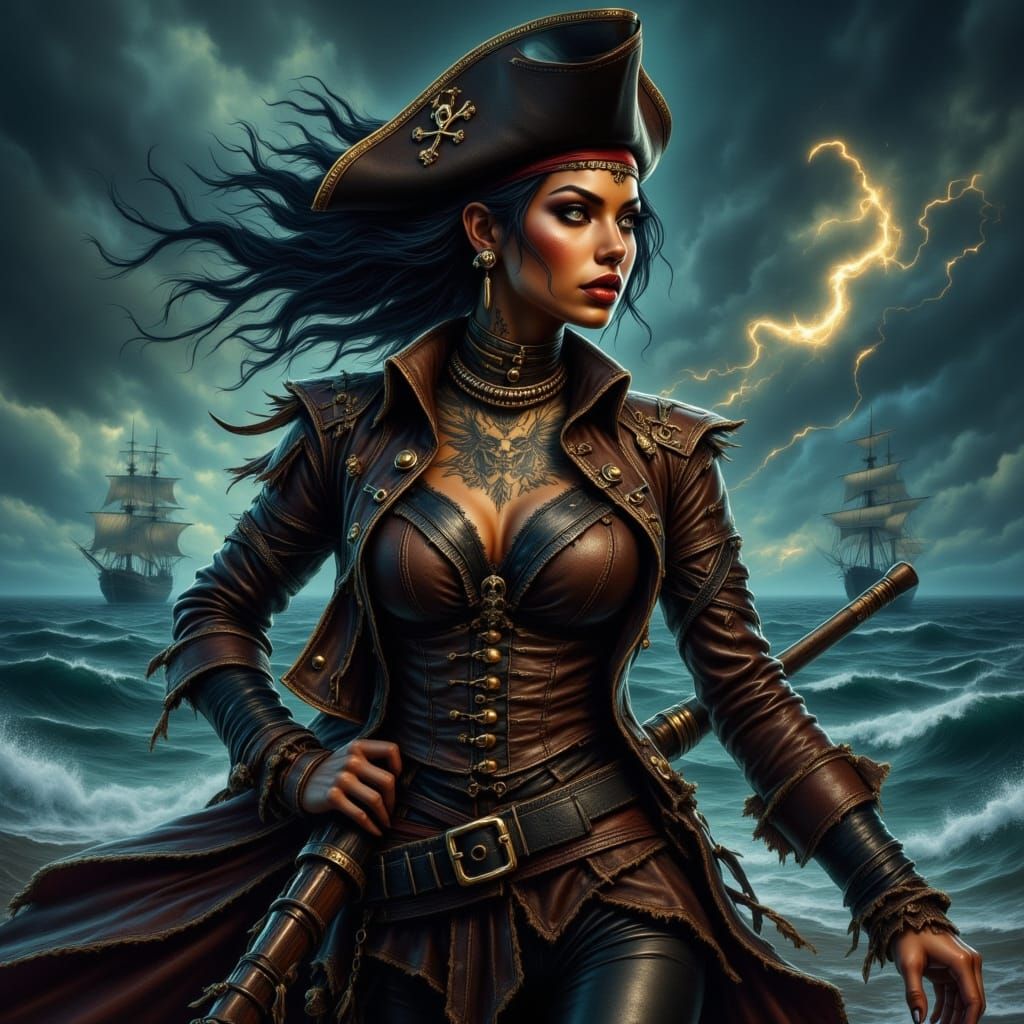 Fierce Afrocentric Pirate Portrait in Gritty Graphic Style