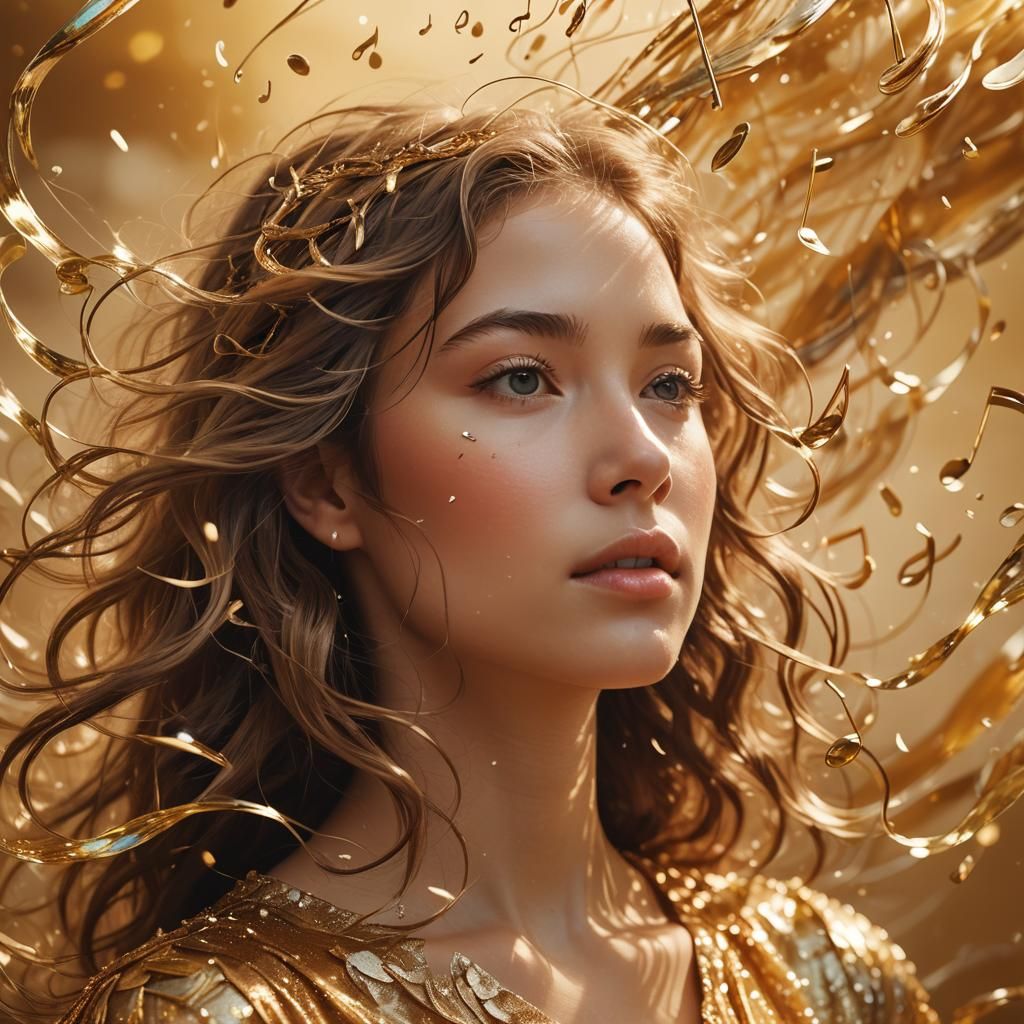 Ethereal Girl Portrait with Golden Sound Waves