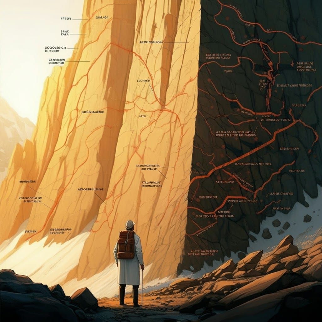 Geologist Observes Mountain Formations in Detailed Illustrat...