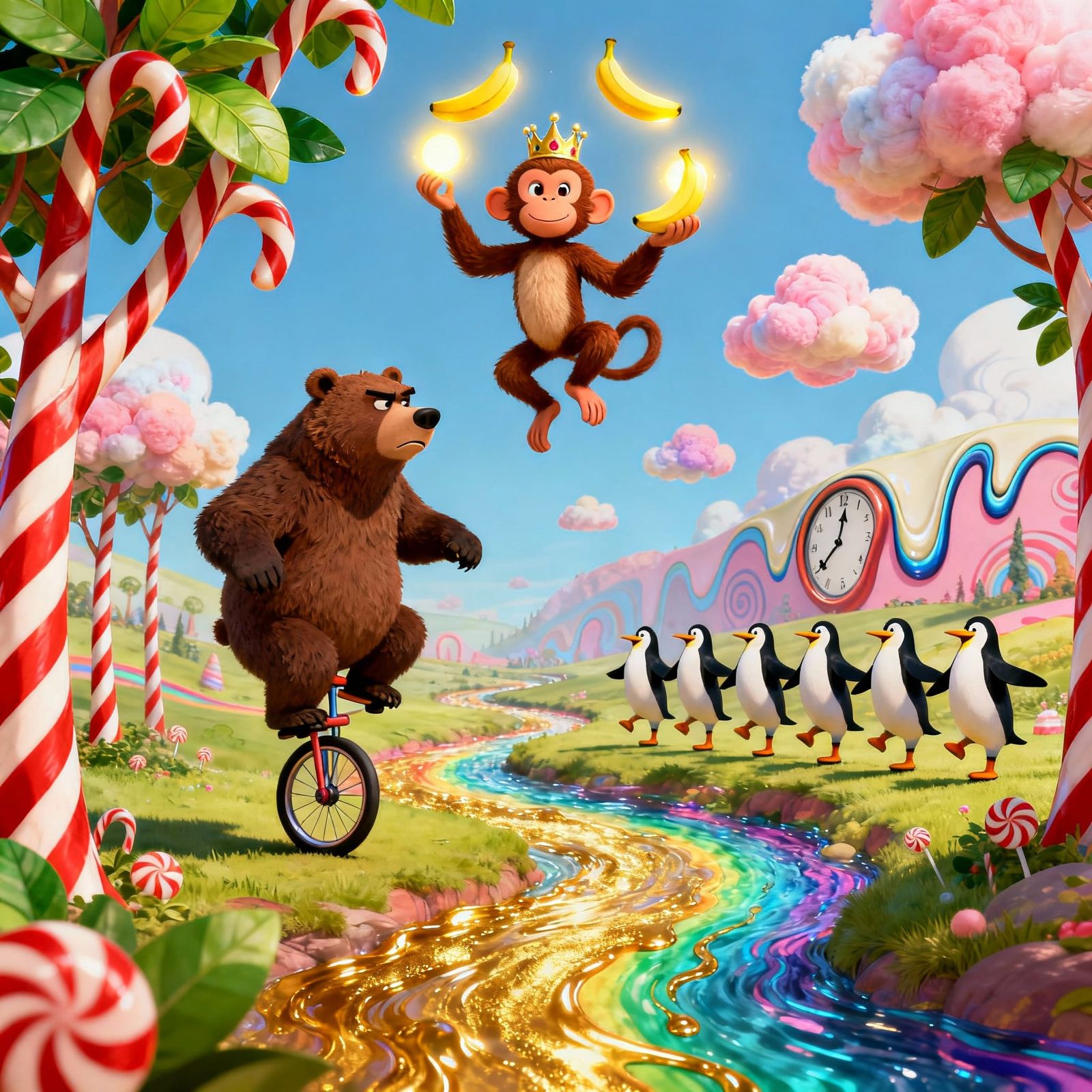 Whimsical Cartoon Surrealism: Monkeys, Bears, and Penguins