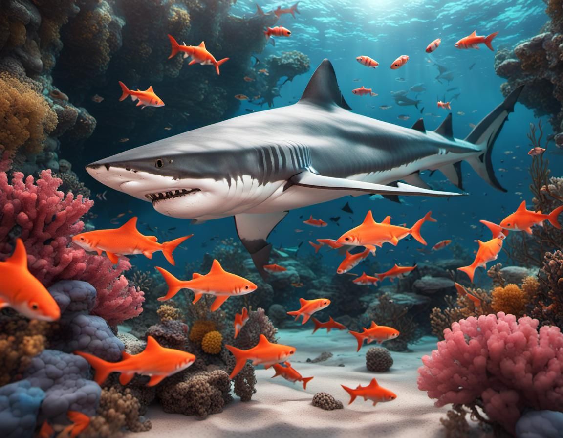 Tiger Shark and Coral Reef: Detailed Digital Art