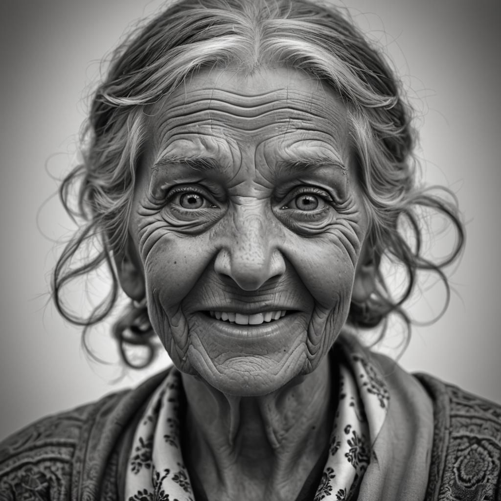 Striking Black and White Portrait of Smiling Elderly Woman