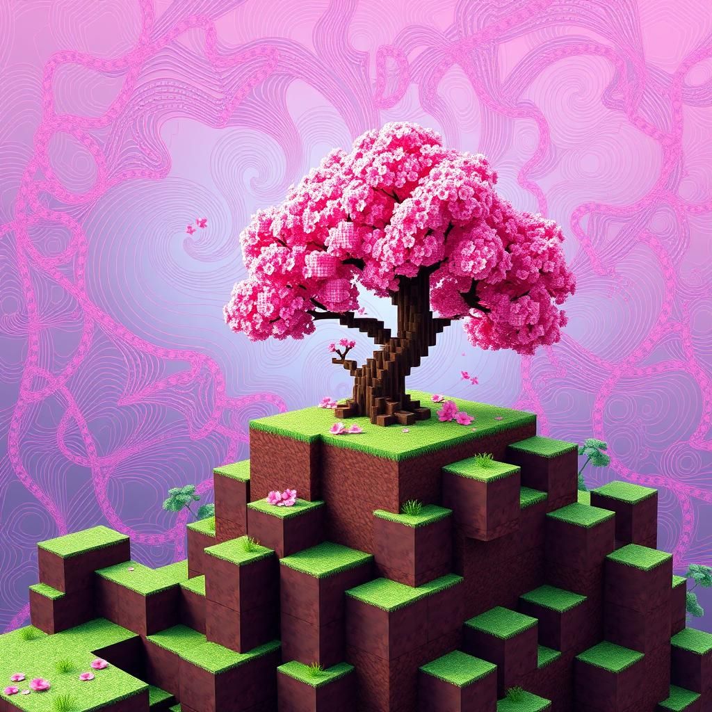 Cherry Blossom in Pixelated Minecraft Landscape