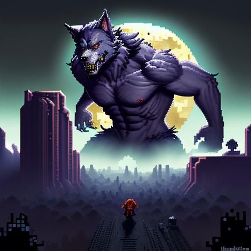 Werewolf in 8-Bit Pixel Art Fantasy Landscape