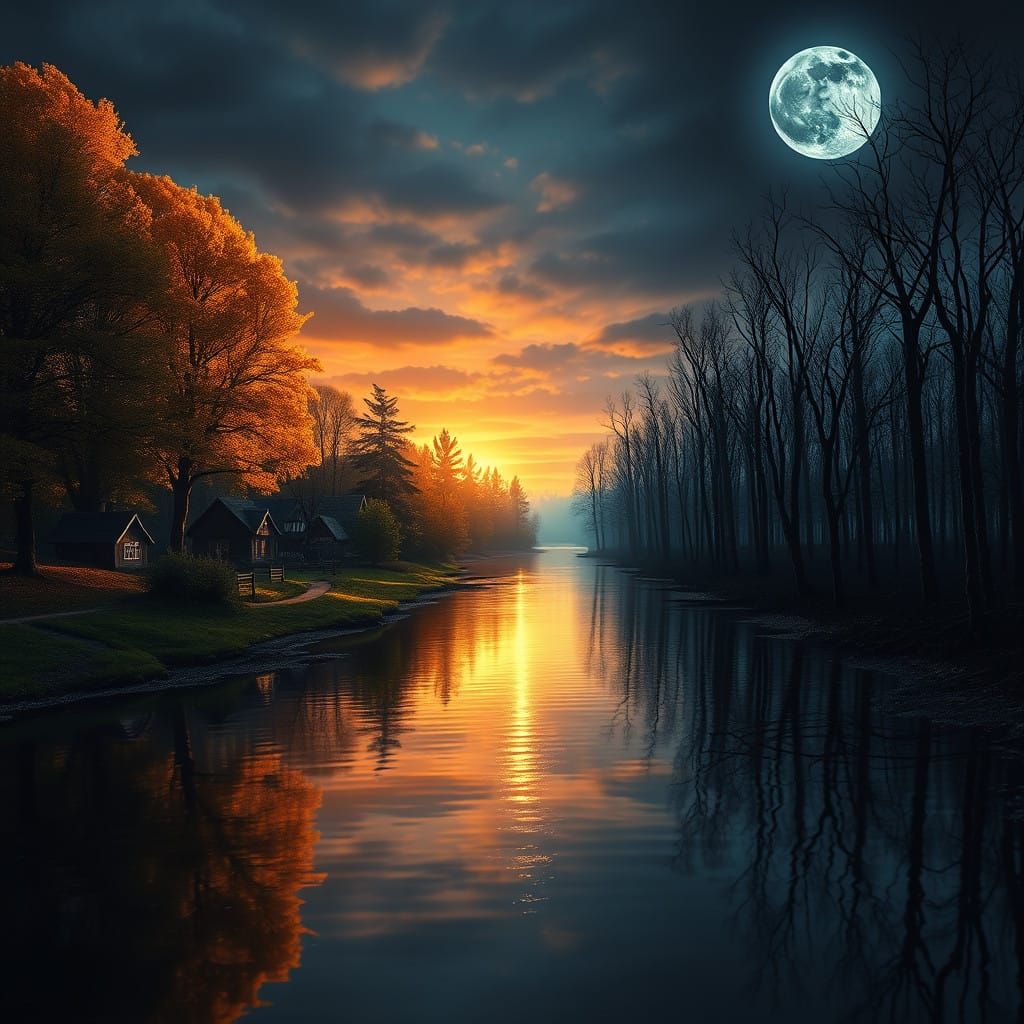 River Reflecting Vibrant Forest and Dark Desert Landscape