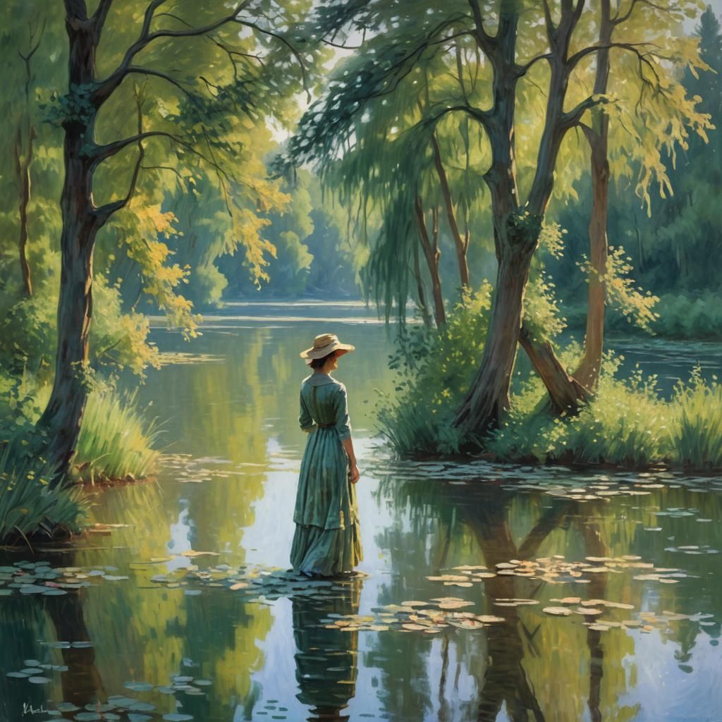 Impressionist Woman by Lake in Golden Light