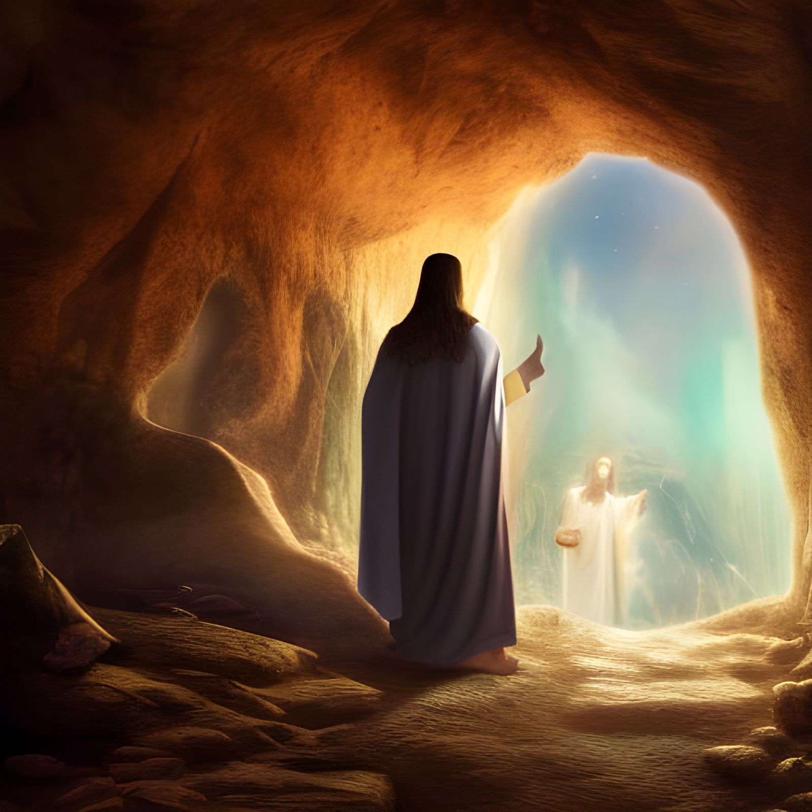 Jesus Christ standing at the entrance to the cave he was buried in, a glowing angelic figure pushing away the stone bloc...