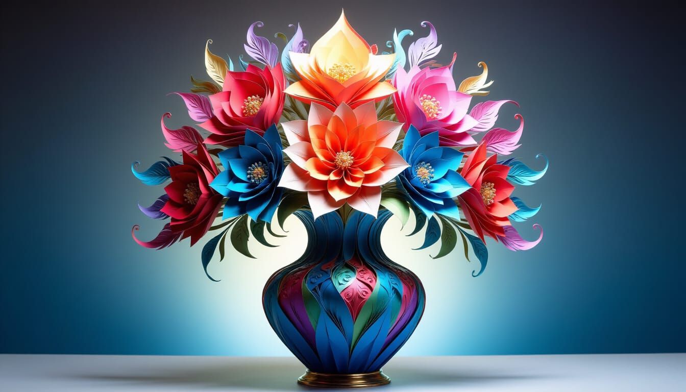 Vibrant Fractal Feathered Flowers in Paper Art Style