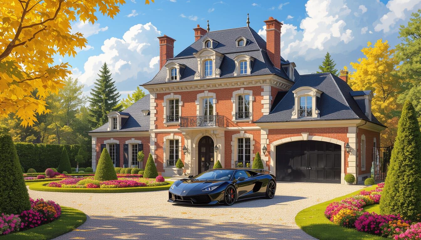 Grand Chateau with Supercar in Vibrant Garden