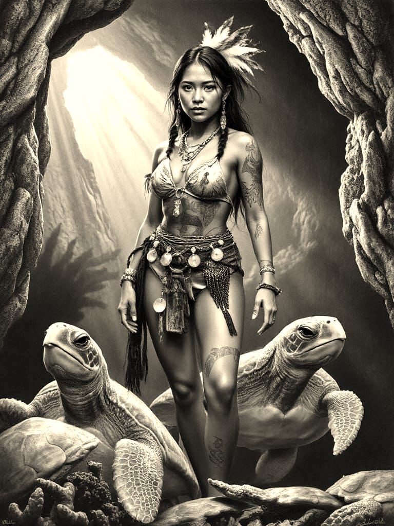 Tattooed Sioux Woman Warrior in Underwater Cave