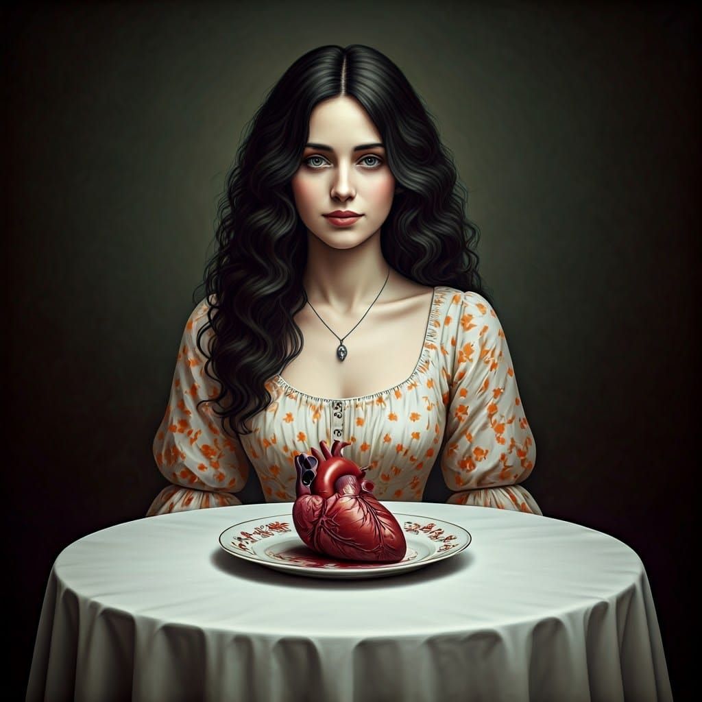 Eerie Serenity: Woman with Beating Heart, Dreamlike Realism