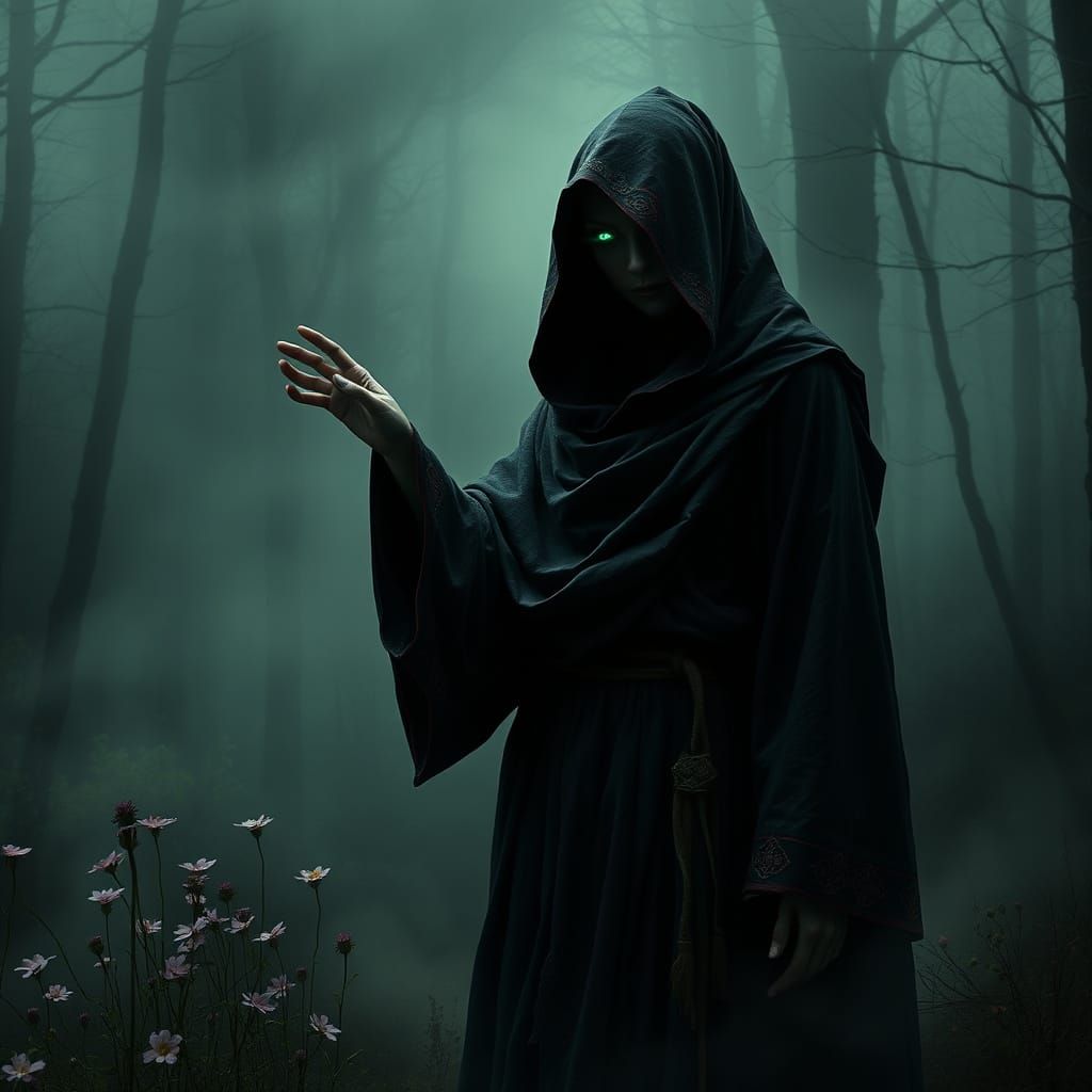 Dark Angel of Temptation Beckons from the Misty Forest